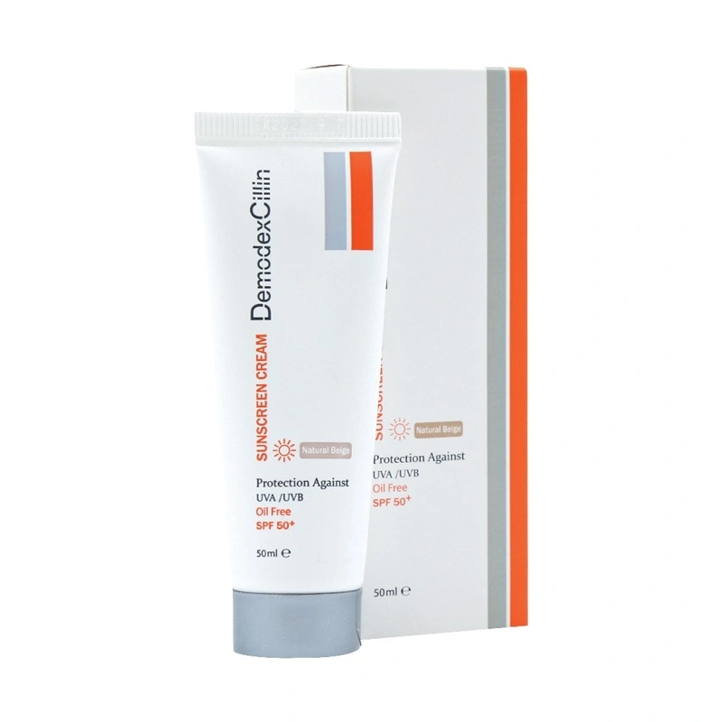 کرم ضد آفتاب دمودکسیلین رنگ بژ طبیعی SPF50 حجم 50mL کرم ضد آفتاب دمودکسیلین رنگ بژ طبیعی