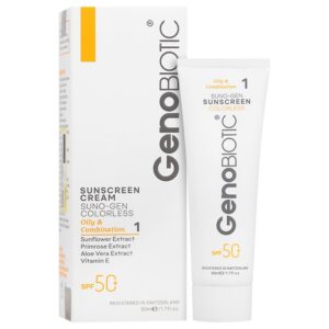 کرم ضد آفتاب پوست چرب و مختلط بی رنگ SPF50 ژنو بایوتیک حجم 50mL کرم ضد آفتاب پوست چرب و مختلط بی رنگ SPF50 ژنو بایوتیک